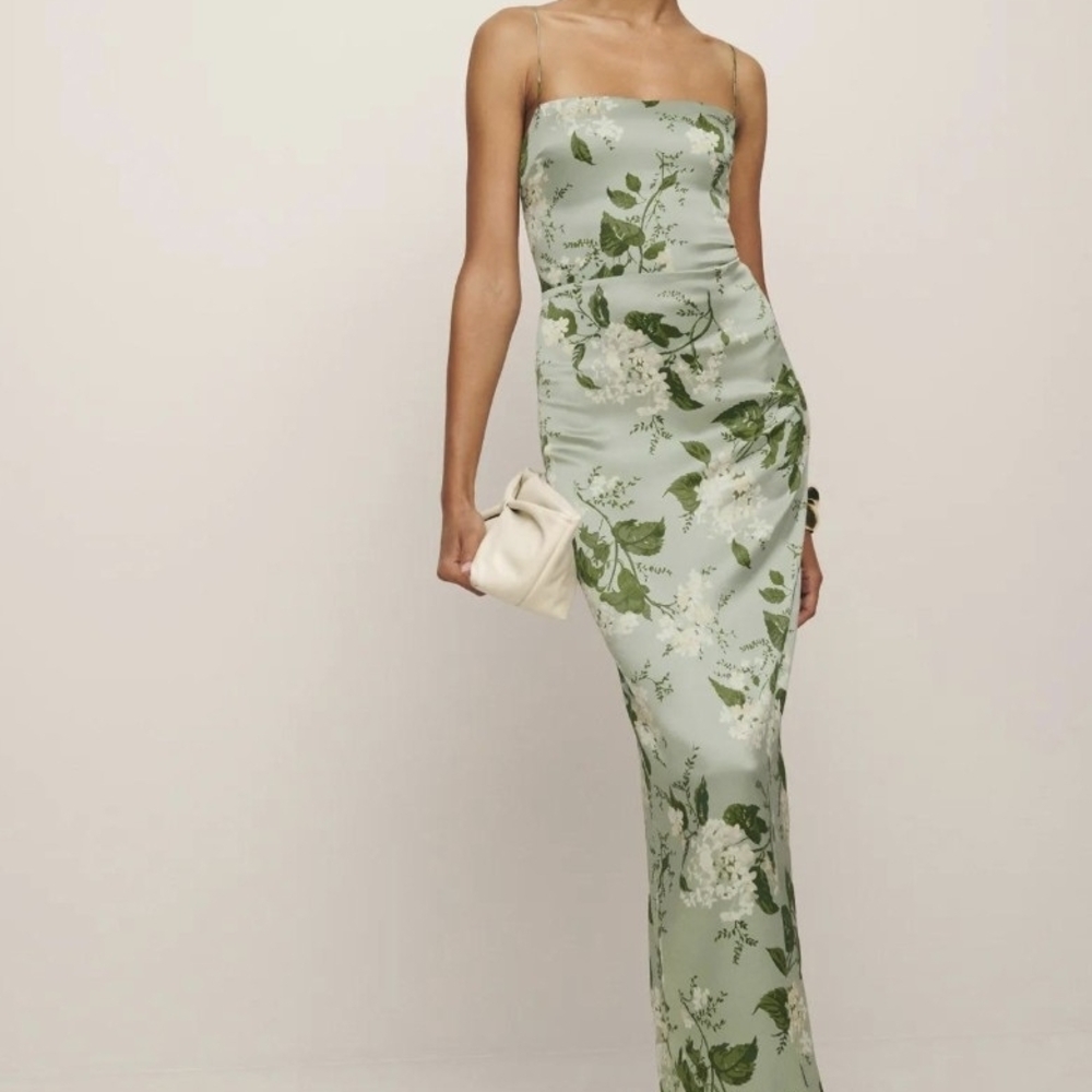 Reformation Strapless Dress in Sage Floral